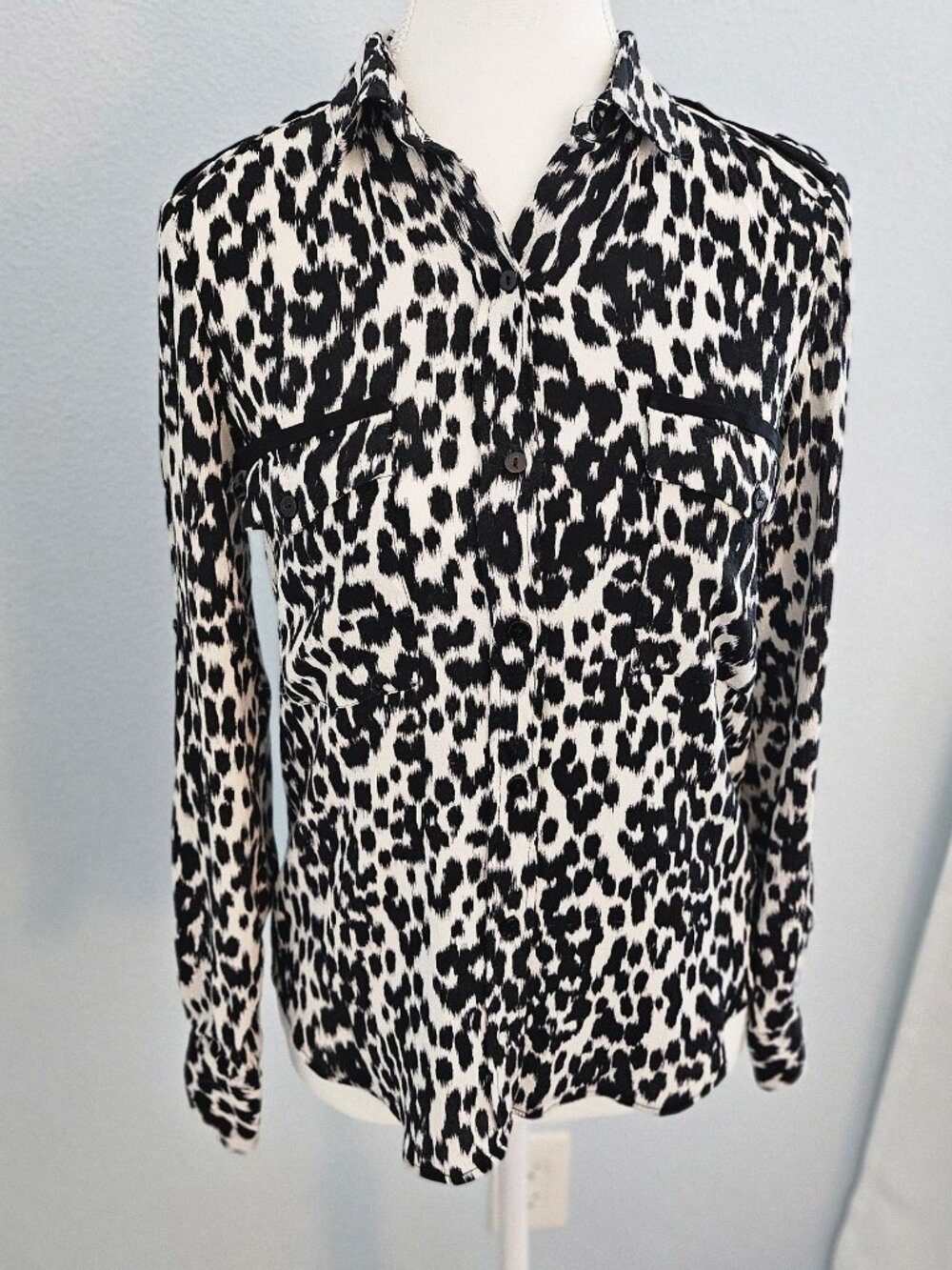 Zara Leopard Print Blouse Button Down Black White Epaulets Small Roll Tab